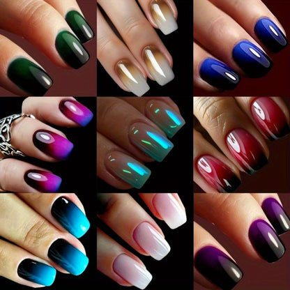 Press On Nails 216-Piece Short Square Nine-Pack Colorful Gradient Ombre Set with Tabs and Nail File