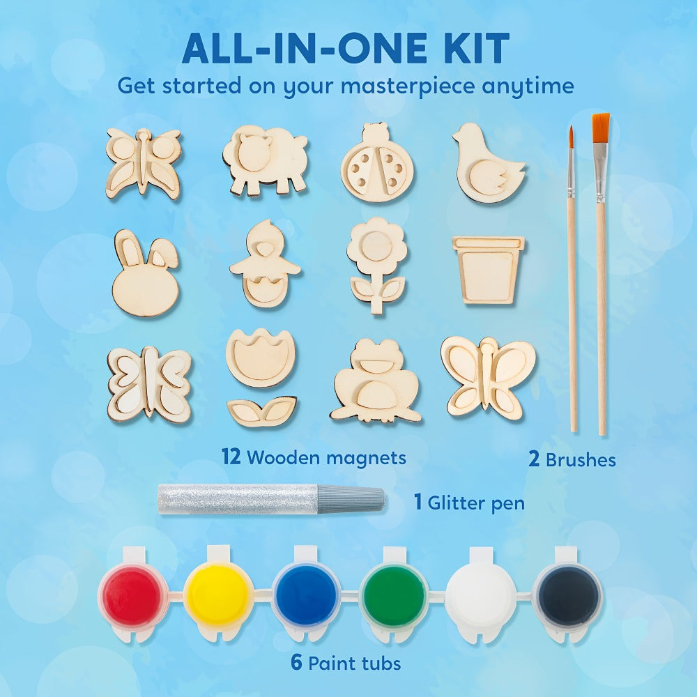 Wooden Magnet Painting Craft Kit, 12-Piece Nature Shape Set with Six Paint Tubs, Brushes and Glitter Pen