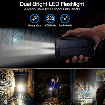 Solar Power Bank, 10000mAh USB Charger with Solar Panel, LED Flashlight, Compass, Data Cable and Backpack Hook