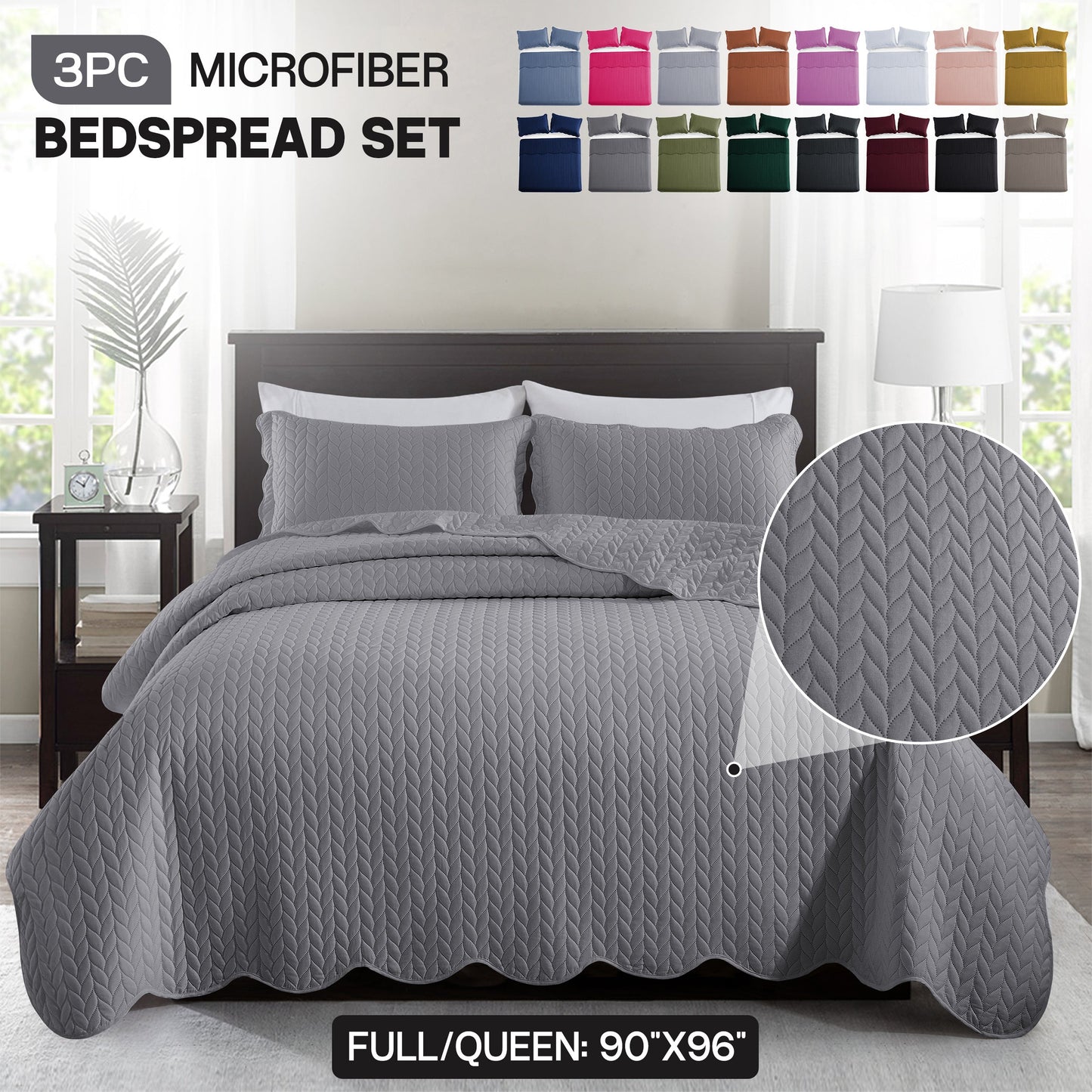 Chevron-Texture Three-Piece Bedspread Set in 16 Colors with Twin, Queen-Full, King and California King Sizes