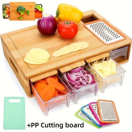 Bamboo Cutting Board with Trays & Drawers – Large Butcher Block Chopping Board with Food Sliding Opening, Stackable Airtight Storage Trays & Bamboo Lids – Kitchen Carving Board Gift for Home Cooks
