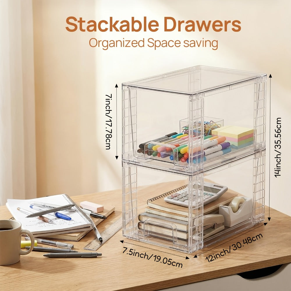 Clear Stackable Storage Drawer Bins in Four-, Six- or Eight-Piece Sets for Countertop Organization