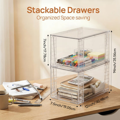 Clear Stackable Storage Drawer Bins in Four-, Six- or Eight-Piece Sets for Countertop Organization