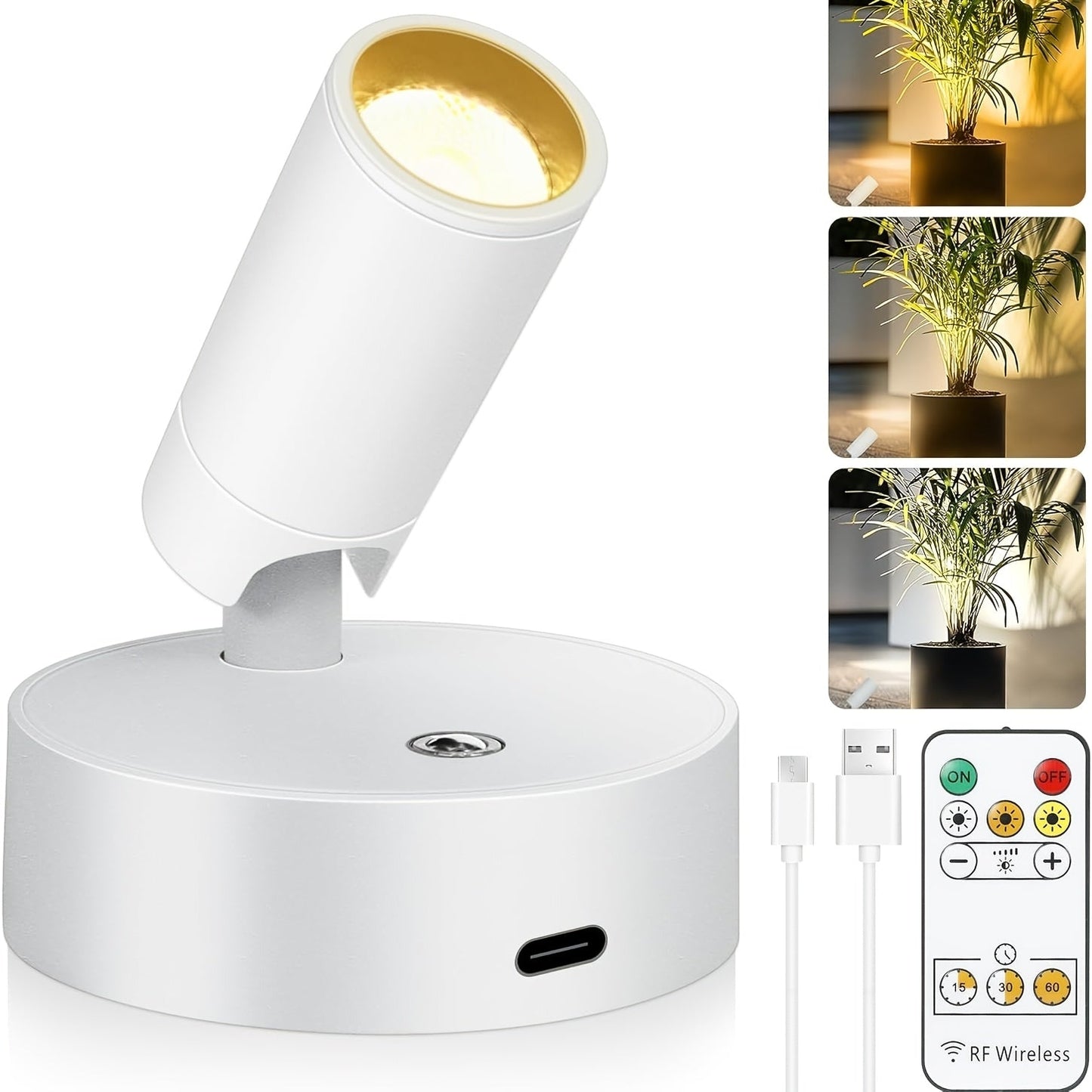 Rechargeable Indoor Spotlight LED – 3-Color Dimmable with Remote & Timer, 350° Adjustable, 2500mAh Battery, Magnetic Base Wall Accent Light for Pictures, Plants & Artwork (White / Black, 1 or 2 Pack)