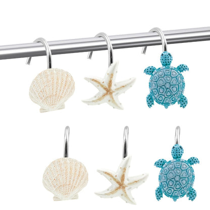 12-Piece Marine Shower Curtain Hook Set with Blue Turtle, Starfish and Seashell Decorations