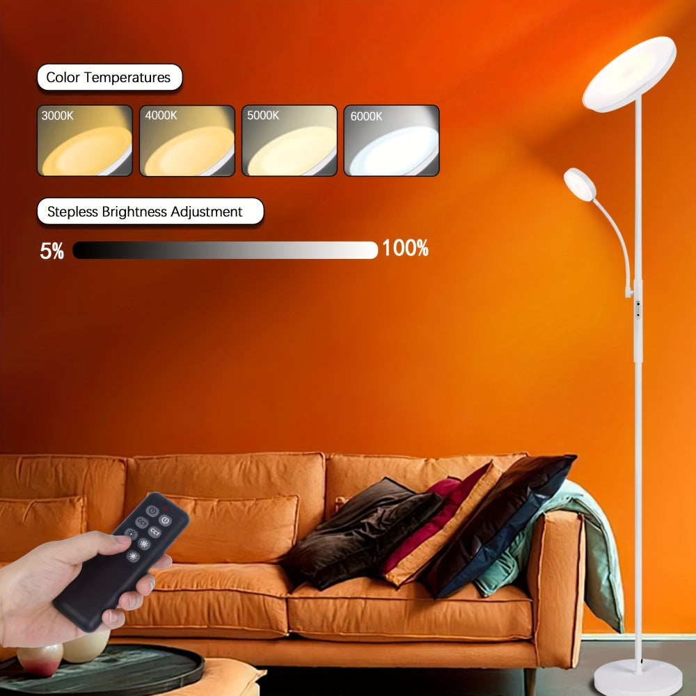 Dual-Head Torchiere Floor Lamp with 27W Main Light, 7W Reading Arm, Four Color Temperature Modes and Remote or Touch Control