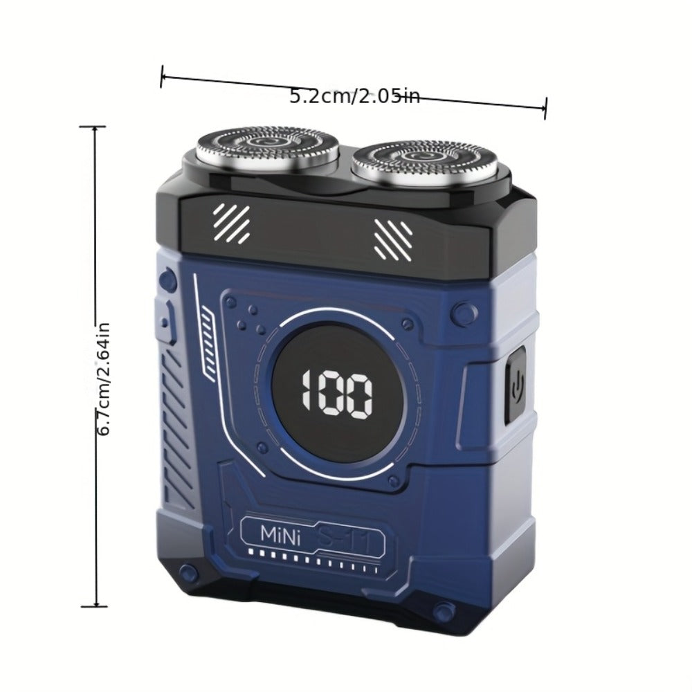 Compact Mecha-Green Dual-Rotary Electric Shaver with Front Battery Display and USB Cable Pictured