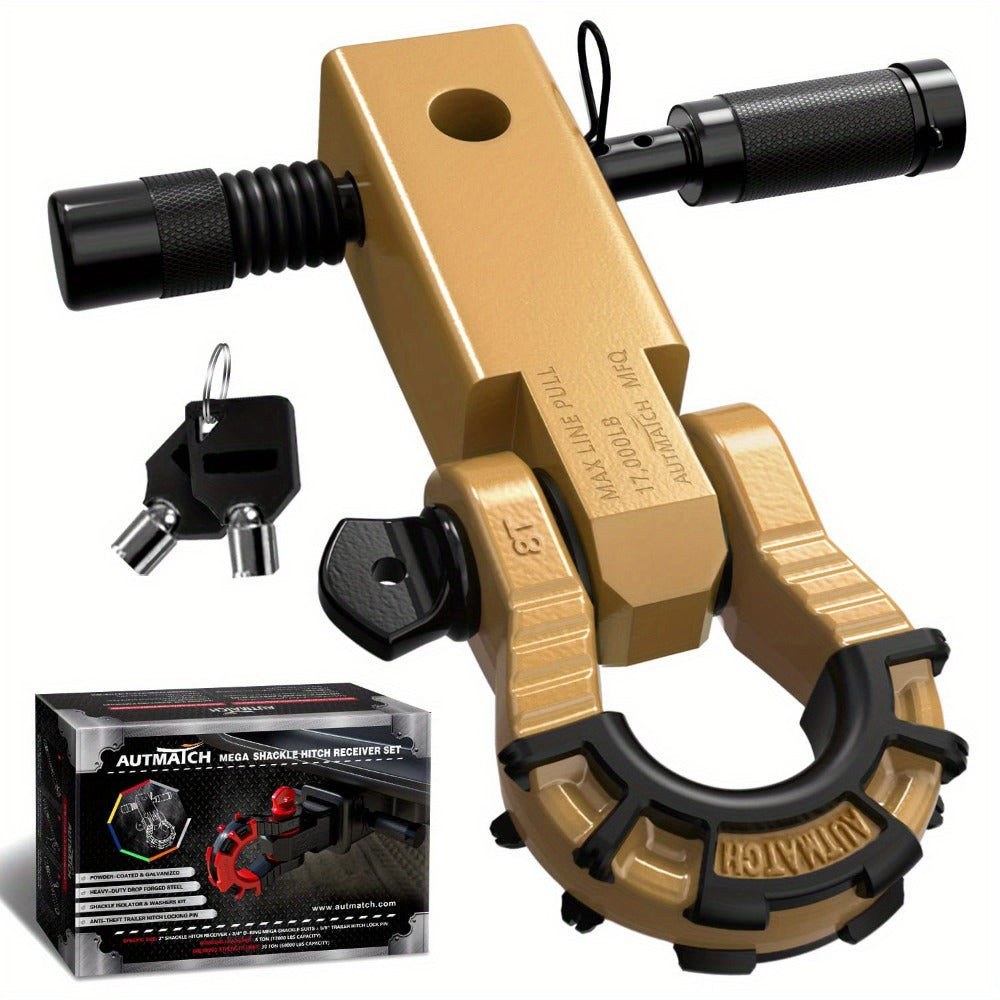 Shackle Hitch Receiver 2-Inch 68,000 lb Break Strength with 3/4" D-Ring & 5/8" Hitch Lock Pin – Heavy Duty Drop Forged Steel 8-Ton Vehicle Recovery Tow Hitch, Multi-Color