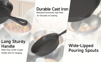 3-Piece Cast Iron Skillet Set with Long Handles, Pouring Lips and 6-, 8- and 10-Inch Graduated Pans