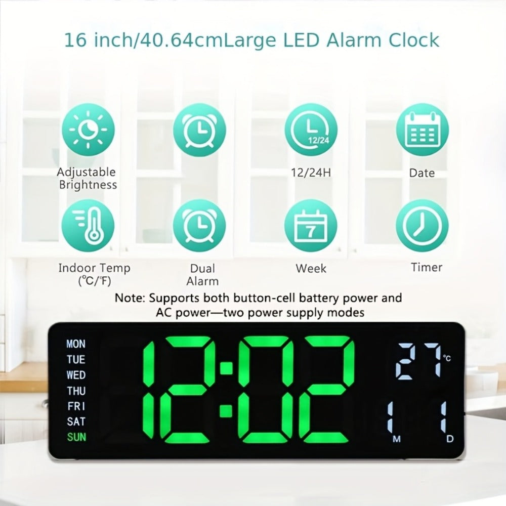 Digital Wall Clock with 16 Inch LED Color Display and Smart Auto-Dimming 10-Level Brightness