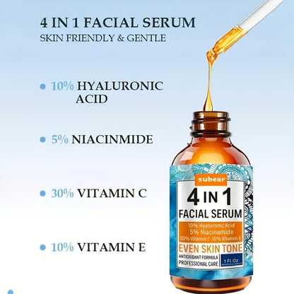 Face Serum 4-Piece Set with 30ml Hyaluronic Acid, Niacinamide, Vitamin C and Vitamin E Dropper Bottles
