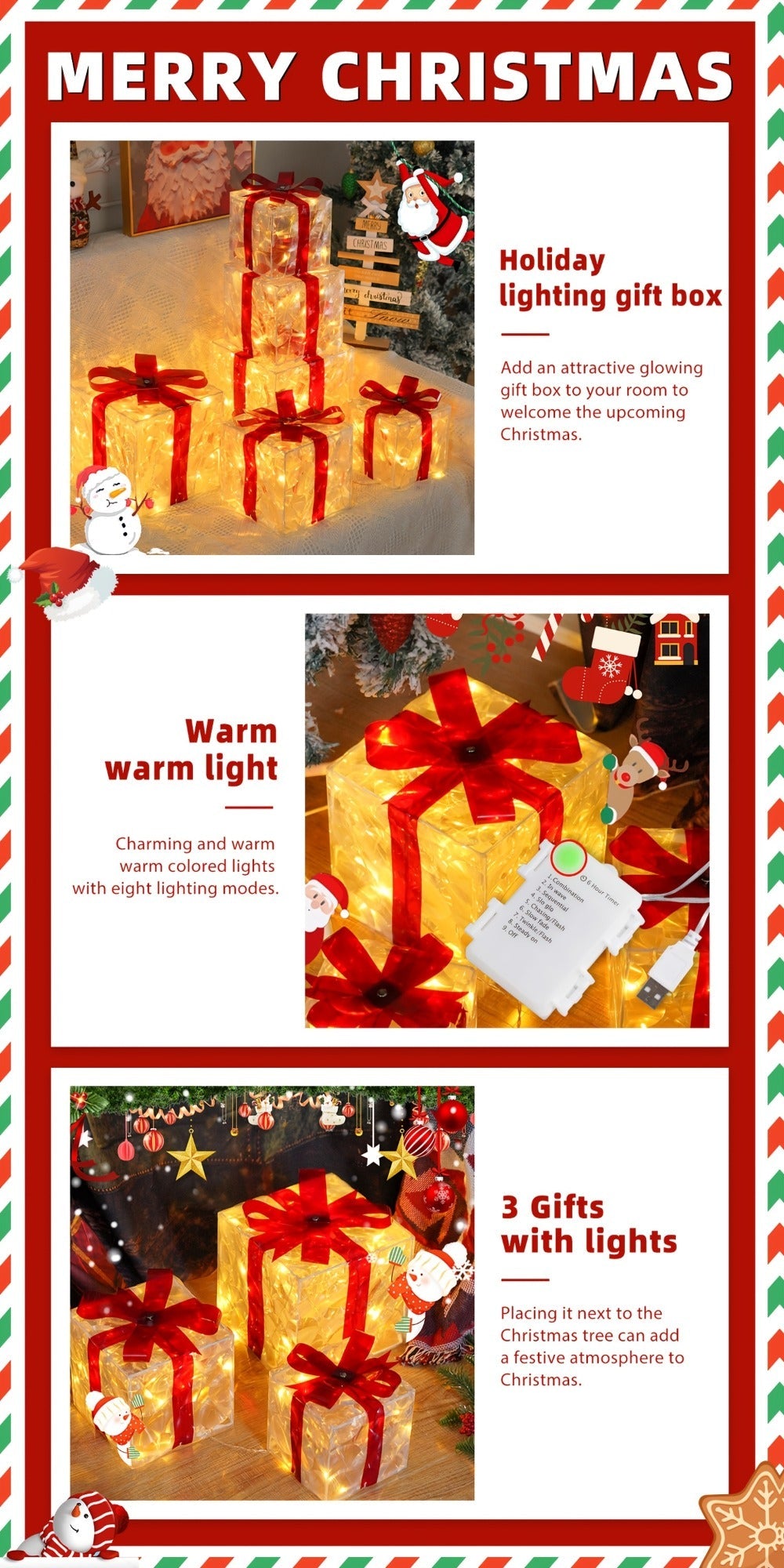 Three Warm-White Light-Up Christmas Gift Boxes with Red Bows, USB Lead and Battery Case Pictured