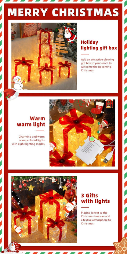 Three Warm-White Light-Up Christmas Gift Boxes with Red Bows, USB Lead and Battery Case Pictured
