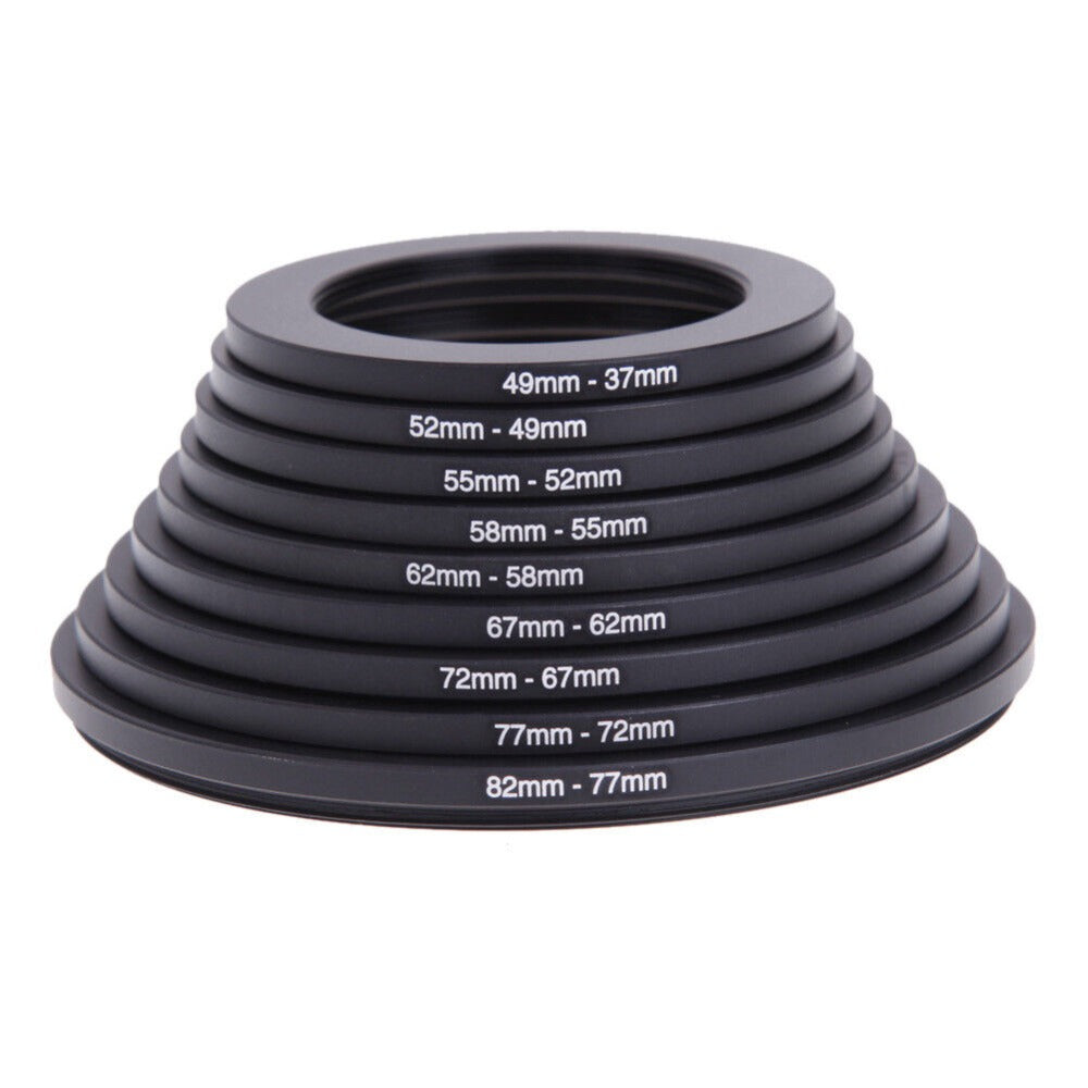 18-Piece Step-Up and Step-Down Lens Filter Adapter Ring Set Covering 37–82 mm Thread Sizes