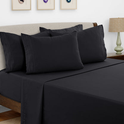 Bed Sheet Set Brushed Microfiber with Embroidered Pillowcases, 16-Inch Pocket and 4- or 6-Piece Sizing