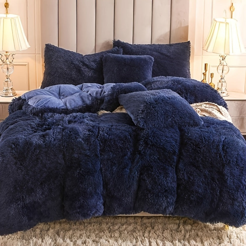 Three-Piece Plush Polyester Duvet Cover Set with Two Pillowcases in 14 Colors and Twin, Full, Queen or King Sizes