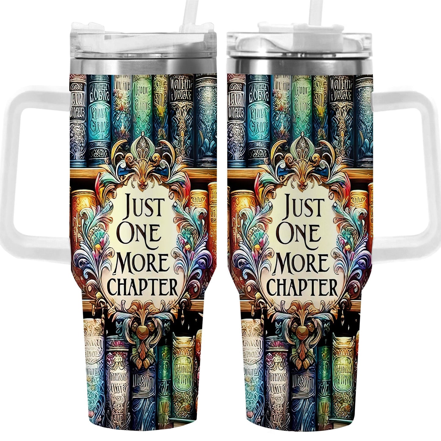 40oz Bookshelf-Art Handled Tumbler with Rotating Two-Position Lid, Straw and 7.5 x 27.5 cm Pictured Size