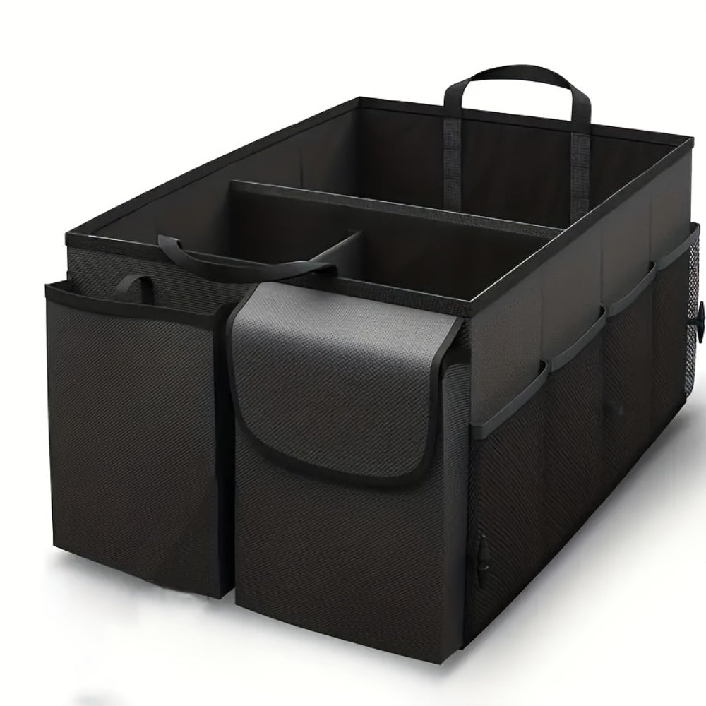 Foldable Car Trunk Organizer with Adjustable Straps – Collapsible Nylon Storage Box for Car Rear Seat & Trunk, Lightweight Car Interior Organizer, Black
