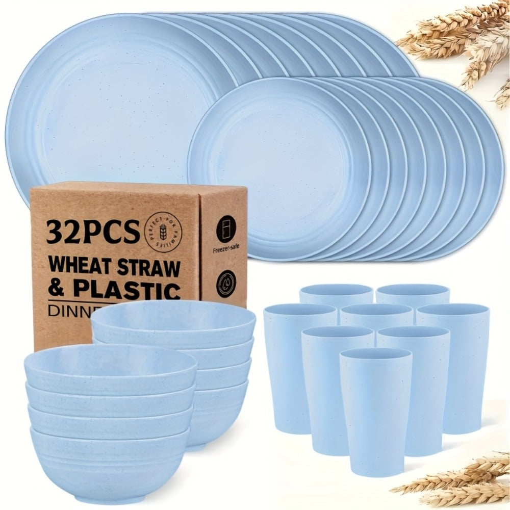 Wheat Straw Dinnerware Set 16 or 32 Piece – Plates & Bowls for 4 or 8 People, Microwave & Dishwasher Safe Plastic Dish Set, Lightweight Colorful Tableware for Home, Party & Holiday