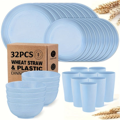 Wheat Straw Dinnerware Set 16 or 32 Piece – Plates & Bowls for 4 or 8 People, Microwave & Dishwasher Safe Plastic Dish Set, Lightweight Colorful Tableware for Home, Party & Holiday