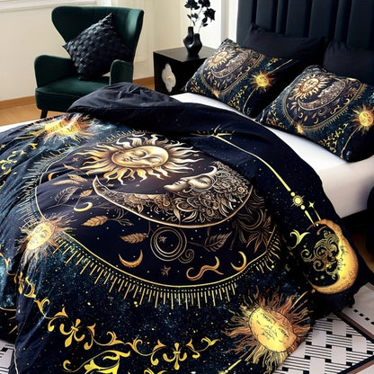 3-Piece Duvet Cover Set with Gold-Tone Sun, Moon, Star and Orbit Print in Twin to King Sizes