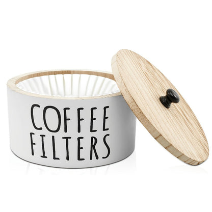 Wooden Coffee Filter Holder with Lid – Large Capacity Rustic Round Organizer Dispenser for Coffee Filters & Tea Bags, Bamboo Lid, Kitchen Countertop Coffee Bar Decor