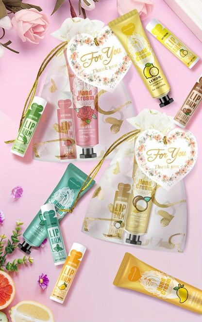 Shea Butter-Labeled Hand Cream and Lip Balm Gift Set with Vitamin E-Labeled Skin Care Formula