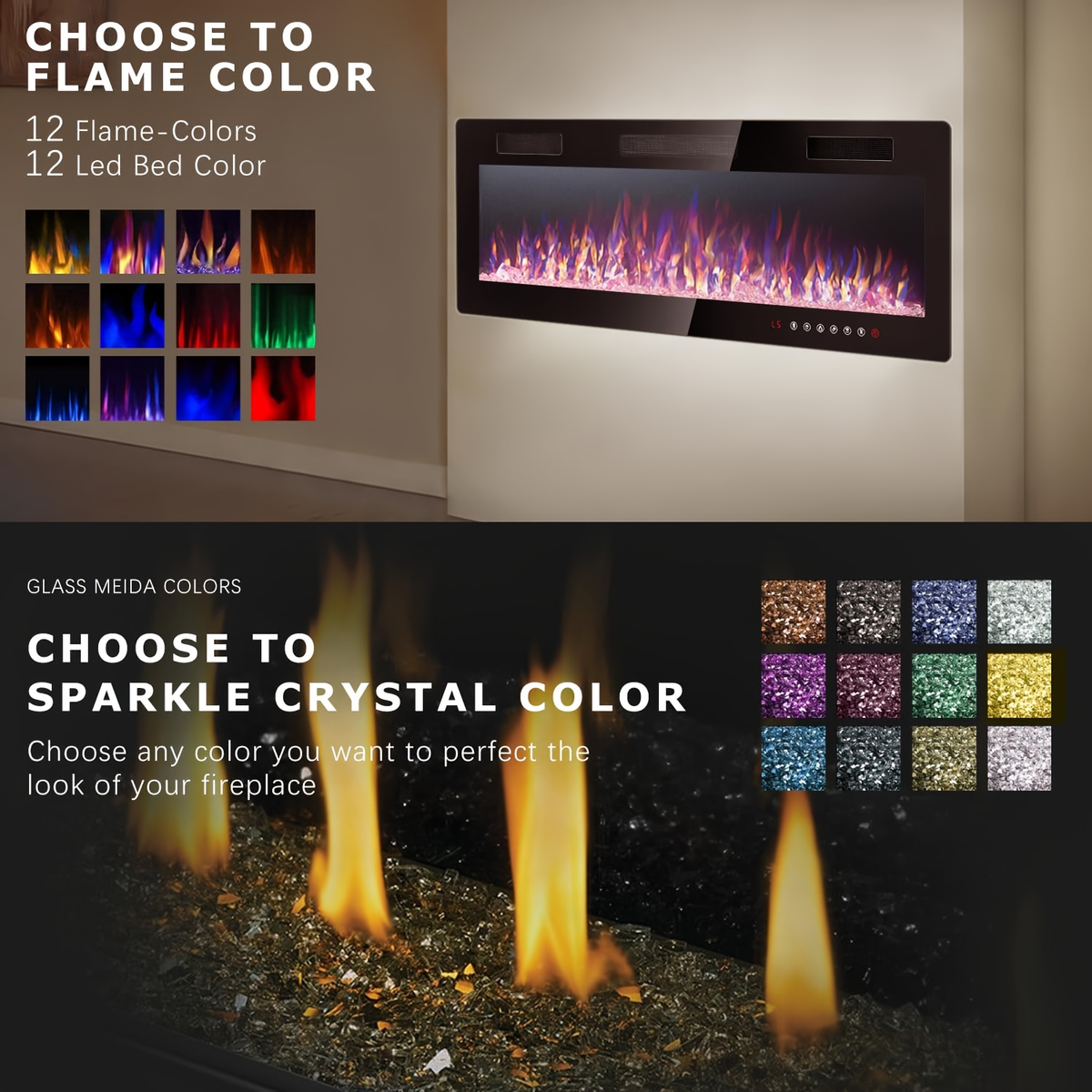 Wall Mounted Electric Fireplace Recessed In-Wall Linear Heater Multicolor Flame 750W/1500W Touch Screen for Garden, Patio and Yard Use