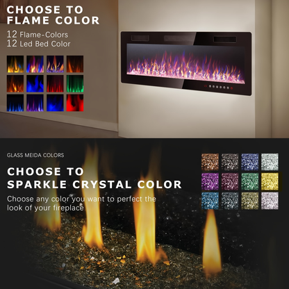 Wall Mounted Electric Fireplace Recessed In-Wall Linear Heater Multicolor Flame 750W/1500W Touch Screen for Garden, Patio and Yard Use