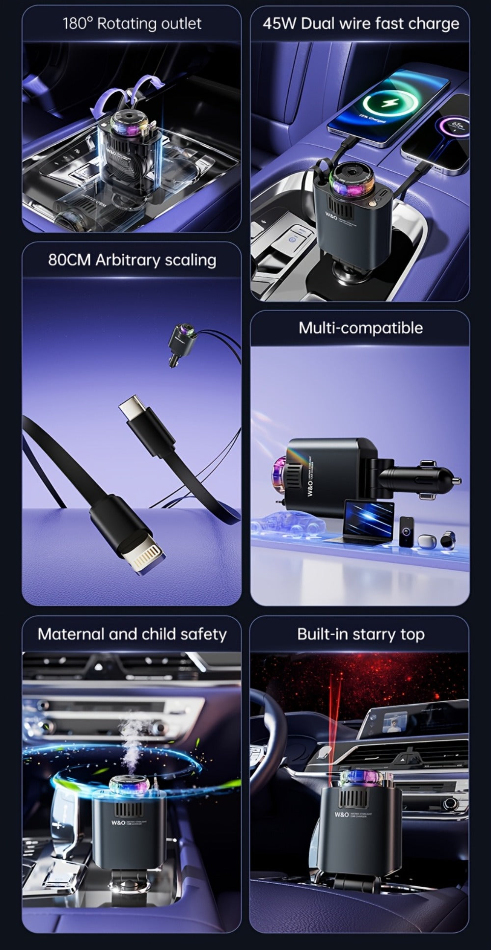 3-in-1 Car Charger, Air Freshener & Starry Sky Ceiling Light – Retractable Type-C & Lightning Cable, Aromatherapy Perfume, Purple Ambient Light, for iPhone & Android