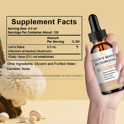 Lion's Mane Mushroom Liquid Drops 2fl oz Natural Herbal Extract for Brain Support, Focus, Memory & Cognitive Clarity for Men & Women