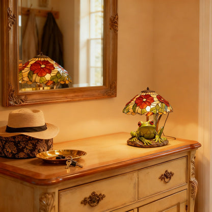 Table Lamp with 3D Frog Base, Floral Art-Glass Shade and Single Corded Decorative Design for Bedside Decor