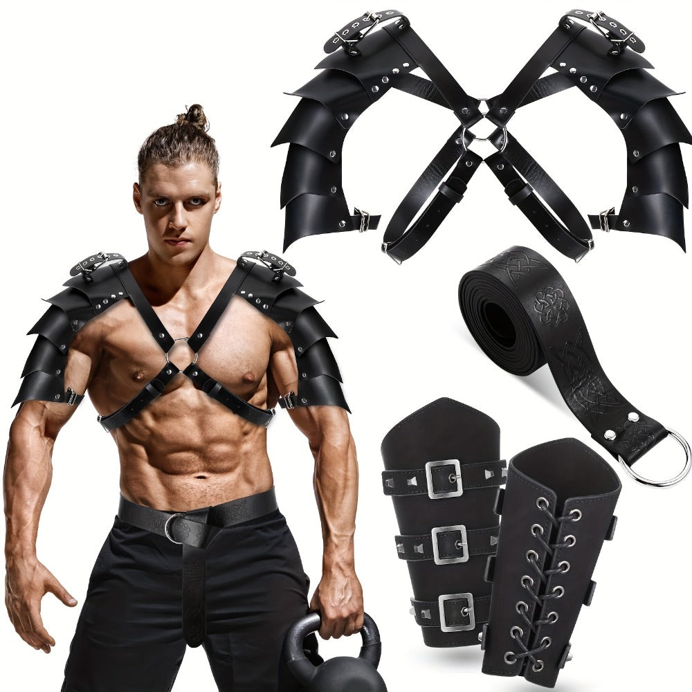 Costume Accessories 4-Piece Medieval Armor Set with Shoulder Cape, Arm Guards and Belt in Black