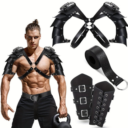 Costume Accessories 4-Piece Medieval Armor Set with Shoulder Cape, Arm Guards and Belt in Black