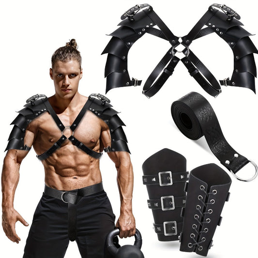 Costume Accessories 4-Piece Medieval Armor Set with Shoulder Cape, Arm Guards and Belt in Black