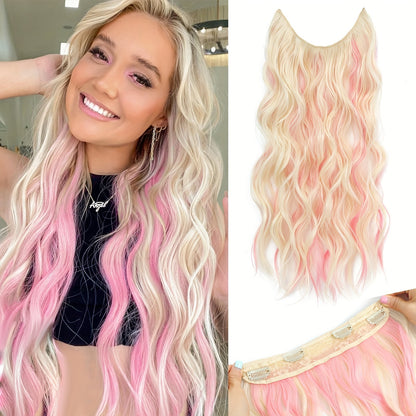 Invisible Wire Hair Extensions 22 Inch for Women — Transparent Fish Line 4 Clips Long Wavy Hairpiece for Thin Fine Hair, 7 Colors 1B 613 Ombre, No Glue No Heat Damage Free