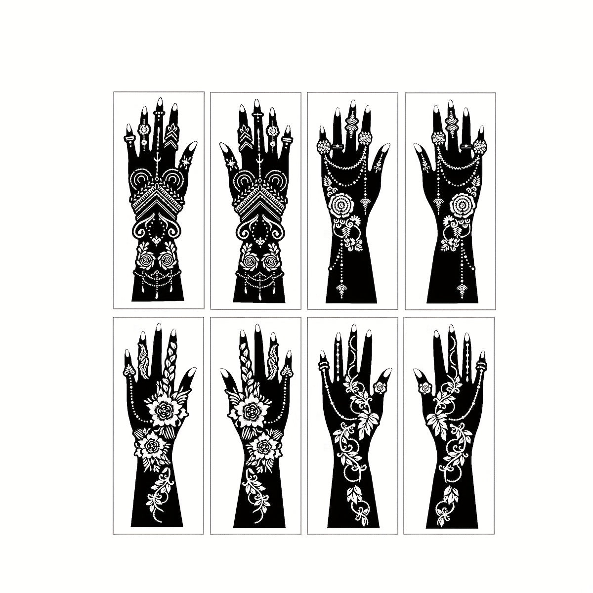 Eight-Piece Hand-Length Tattoo Stencil Set with Floral Patterns for Hands and Forearms in SM010 or SM011