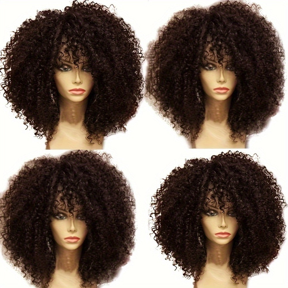 Synthetic Wig 16-Inch Kinky Curly Afro with Bangs in Color 1B and Elastic Cap for Parties and Cosplay