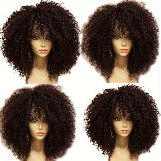 Synthetic Wig 16-Inch Kinky Curly Afro with Bangs in Color 1B and Elastic Cap for Parties and Cosplay