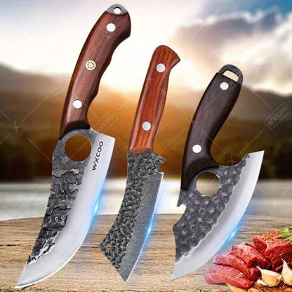 Kitchen Knife Set by WXYCOO, 3- or 4-Piece 5Cr15MoV Steel Hammered Blades with Curved Wood Handles