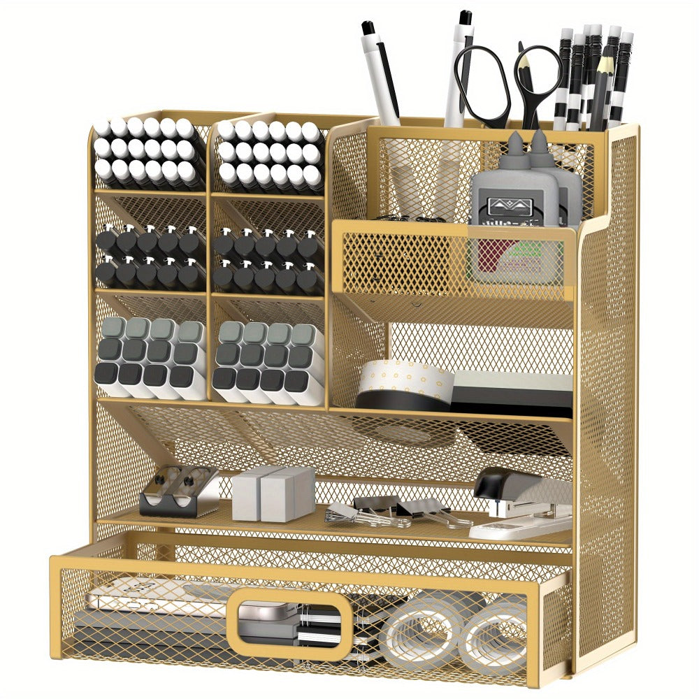 Mesh Desk Organizer with Pull-Out Drawer, Tiered Compartments and Six Color Checkout Options