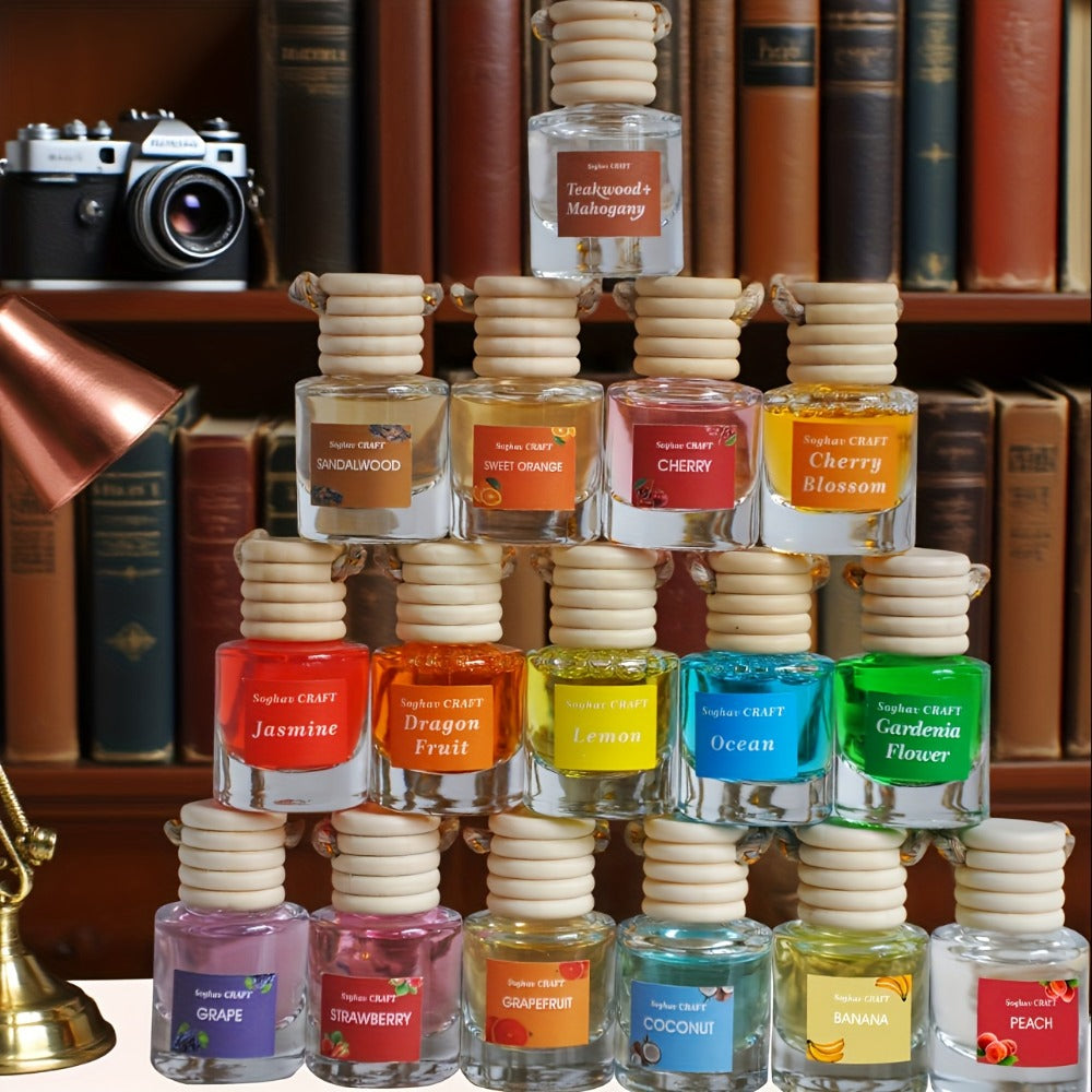 Car Air Freshener 18-Pack Hanging Diffuser Bottles with Six Random Scents and Adjustable Wood Caps