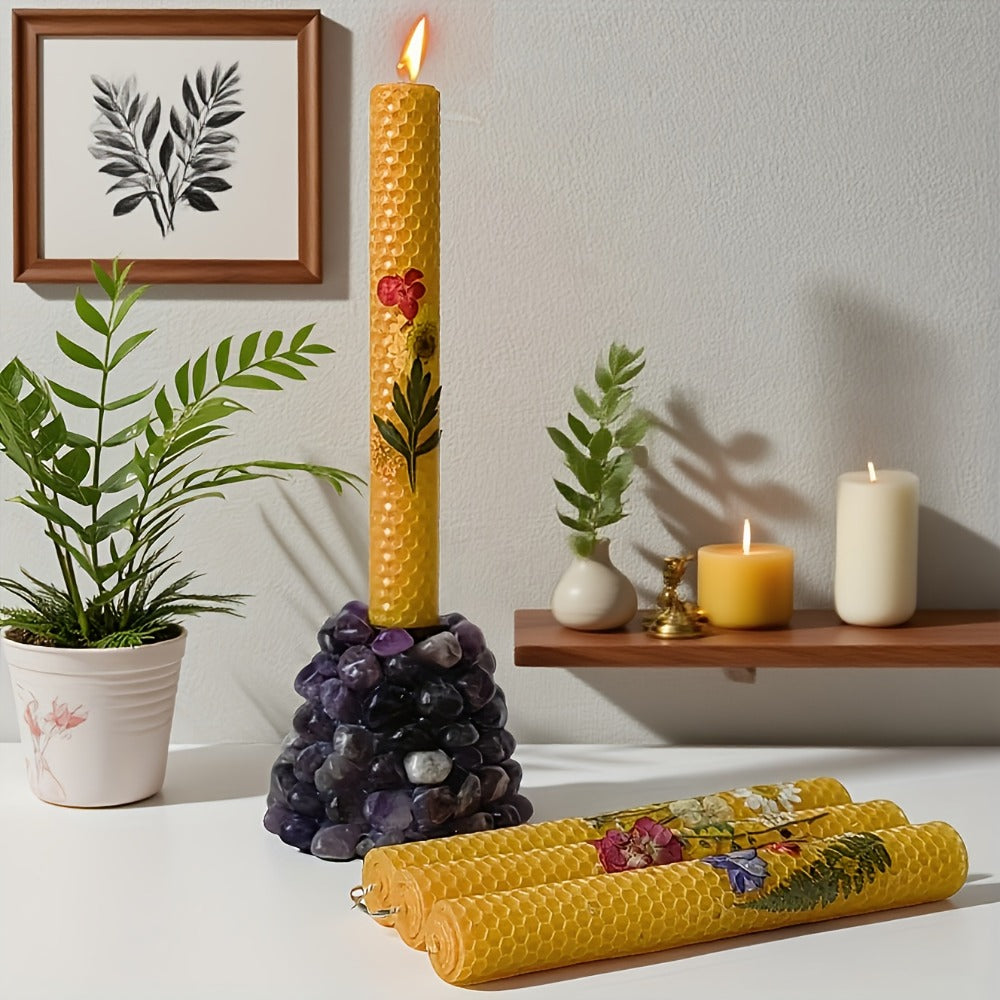 Floral Cone Candle Holders Set of 4 – 10-Inch Decorative Beeswax Taper Candles for Holiday Parties, Valentine's Day & Mother's Day Gifting