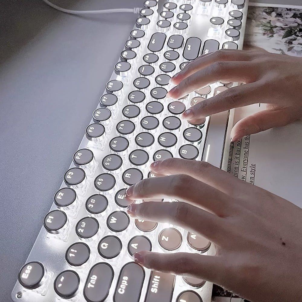 Mechanical Keyboard 104-Key Full-Size Wired USB Layout with Retro Round Keycaps, Backlighting and Control Knob