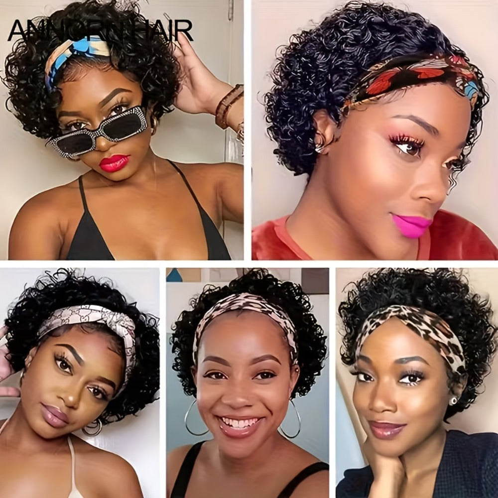 Six-Inch Kinky Curly Headband Wig with Glueless Band in Black, Burgundy or Rust Color Options
