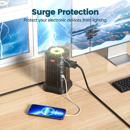 Night Light Power Tower Surge Protector 17-in-1, 12 AC Outlets & 5 USB Ports, 10.2ft Extension Cord, 4 Independent Switches, Overload Protection Charging Station for Home Office Dorm Room – White