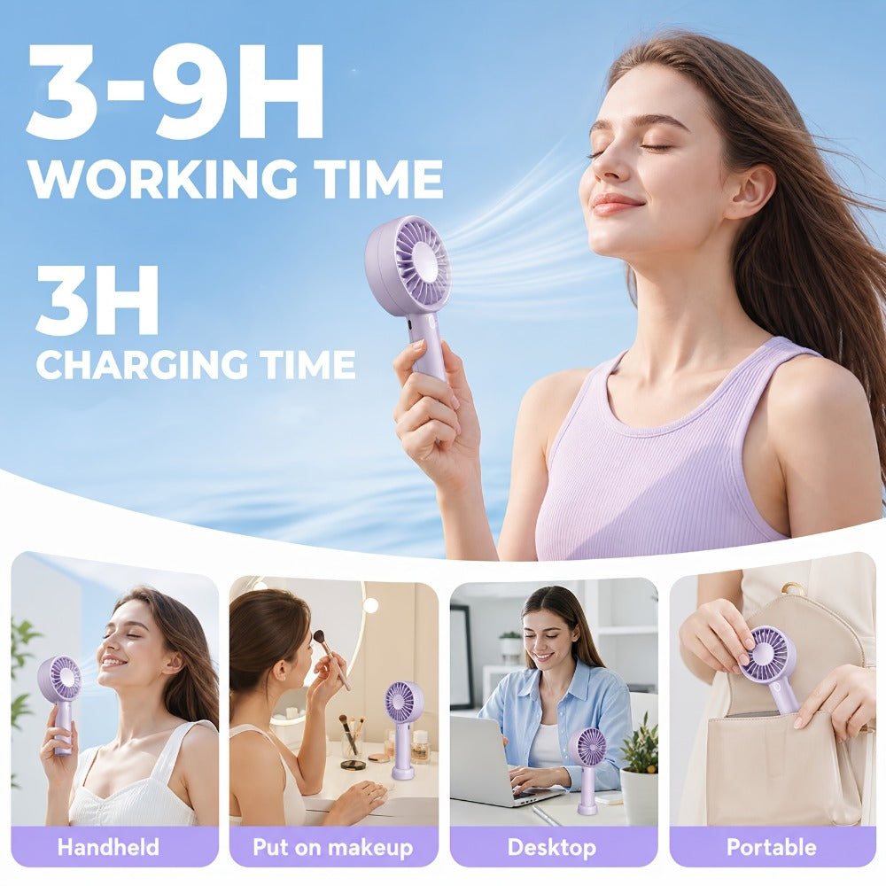 Pocket-Size Handheld Fan with Three Speeds, USB-C Charging, Wrist Strap and Three Color Options