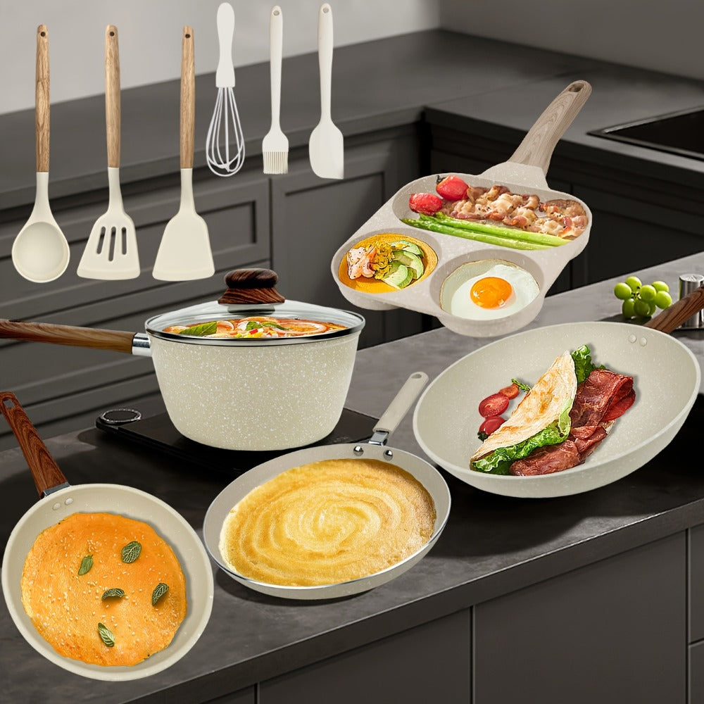 Non-Stick Cookware Set 7 12 & 15 Piece Induction Compatible – Frying Pan Steamer Silicone Spatula & Tongs | Complete Pots and Pans Cooking Set | Perfect Wedding Housewarming Gift for Friends