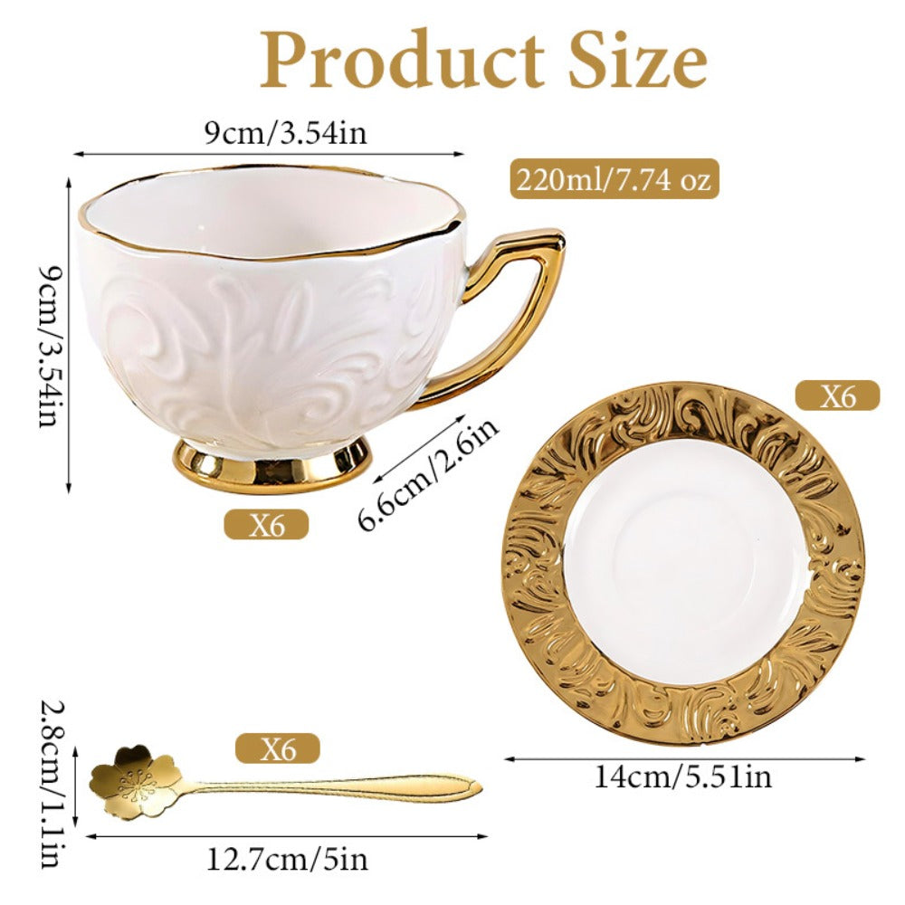 Espresso Cups Set 12 Pcs – 7.44 Oz Small Ceramic Cappuccino Cup Set with 6 Cups, 6 Trays & 6 Spoons – Elegant Coffee & Tea Cup Set with Handles – Perfect Gift for Coffee Lovers
