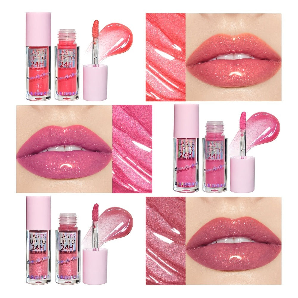 24H Waterproof Glitter Lip Gloss & Lip Stain Set 3PCS – Moisturizing Lip Oil Formula, Long-Lasting Smudge-Proof Glitter Shine in Berry Coral Pink Red Shades for Women All Skin Tones